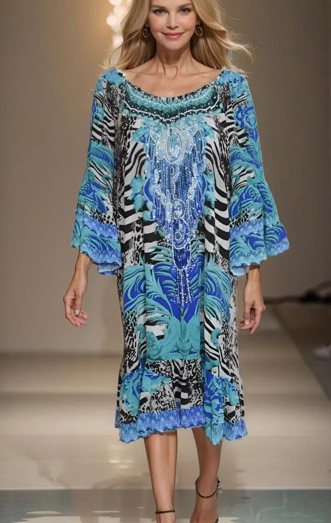 gypsy dress Zebra Blue Silk Embellished Gypsy Dress by Fashion Spectrum fashion spectrum  Kaftans that Bling