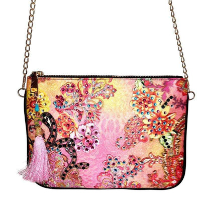 Embellished floral clutch with gold chain and zipper by Kaftans that Bling