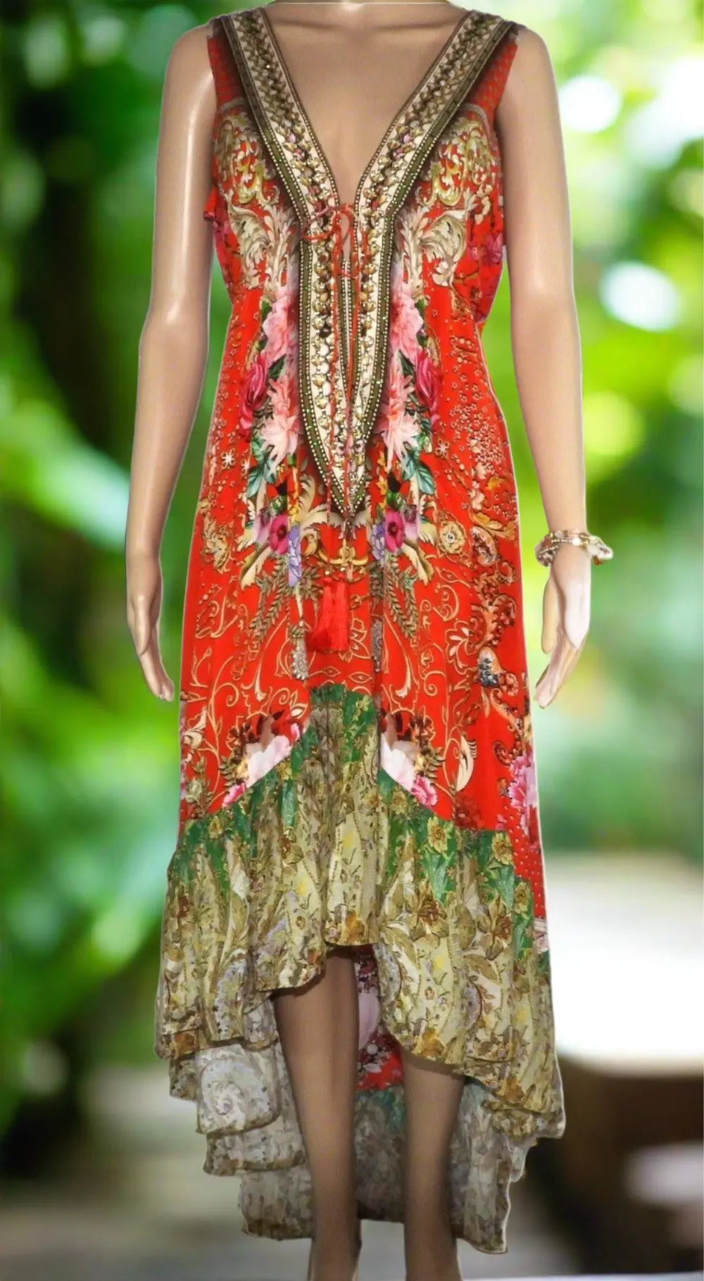 Geisha Silk V-neck Hi-lo Frill Dress - Kaftans that Bling