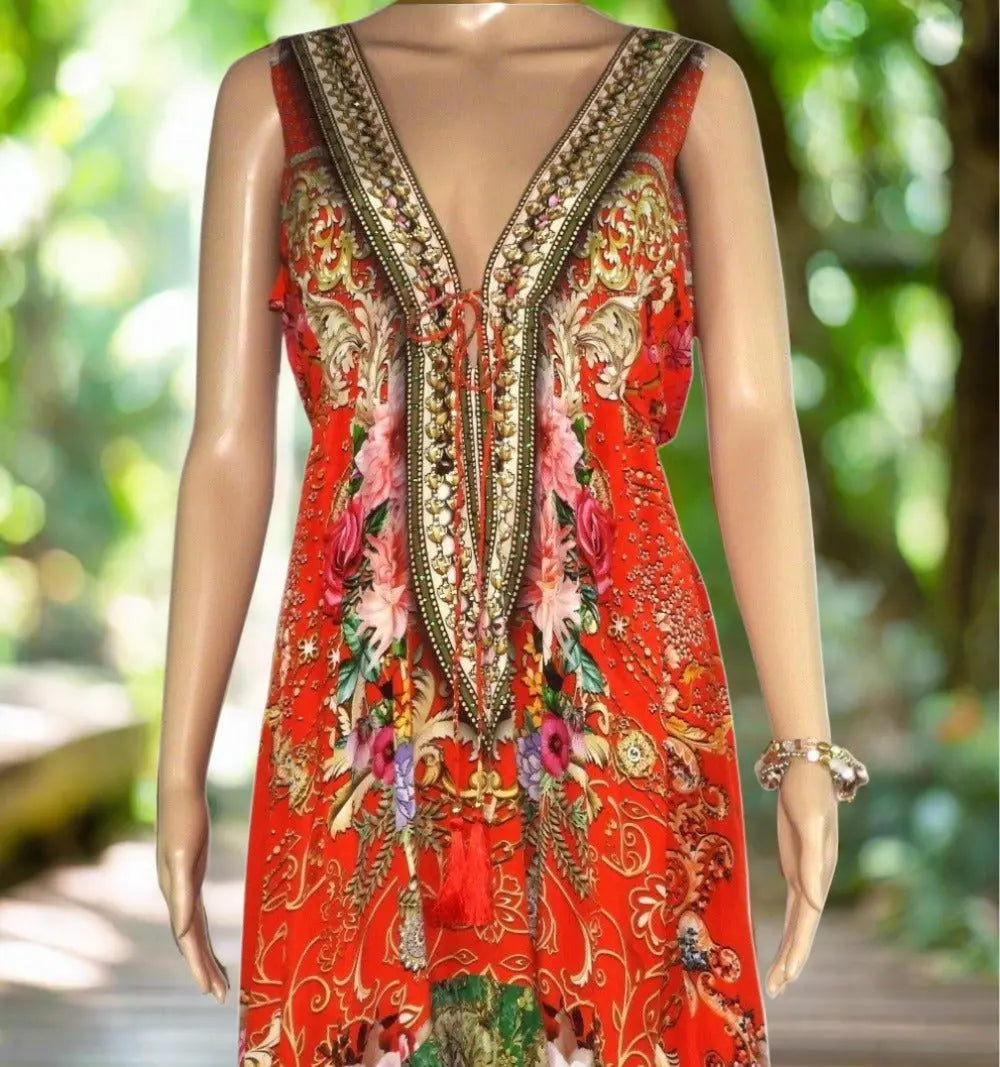 Geisha Silk V-neck Hi-lo Frill Dress - Kaftans that Bling