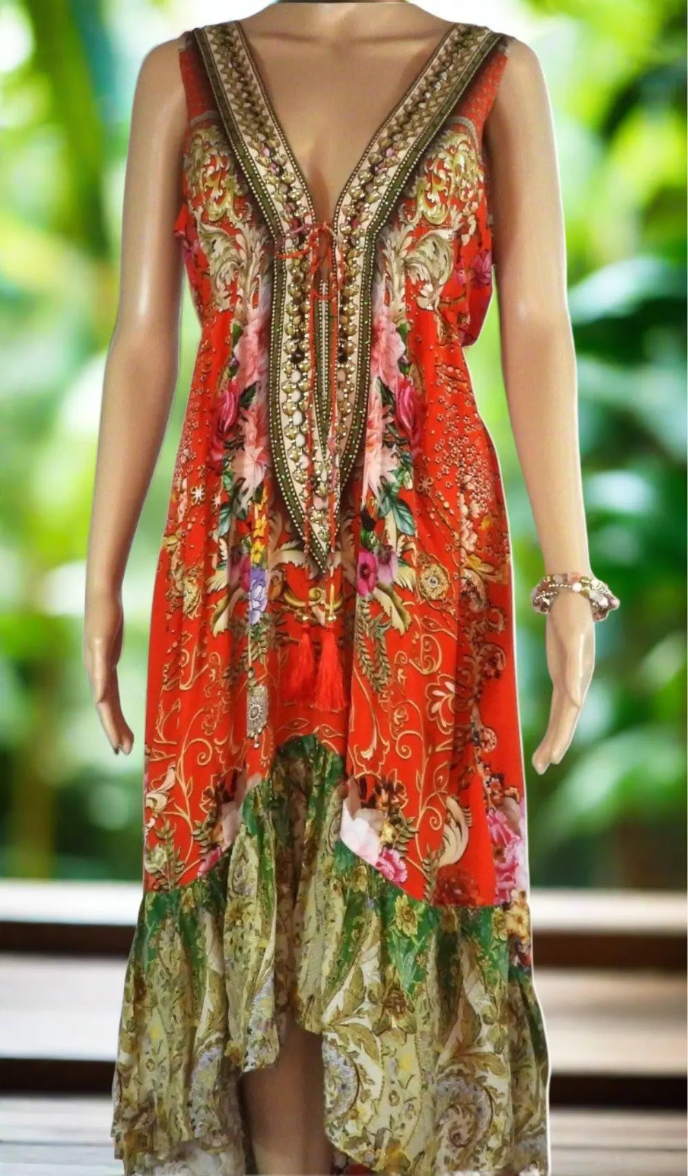 Geisha Silk V-neck Hi-lo Frill Dress - Kaftans that Bling