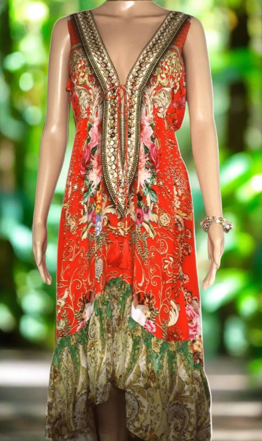 Geisha Silk V-neck Hi-lo Frill Dress - Kaftans that Bling