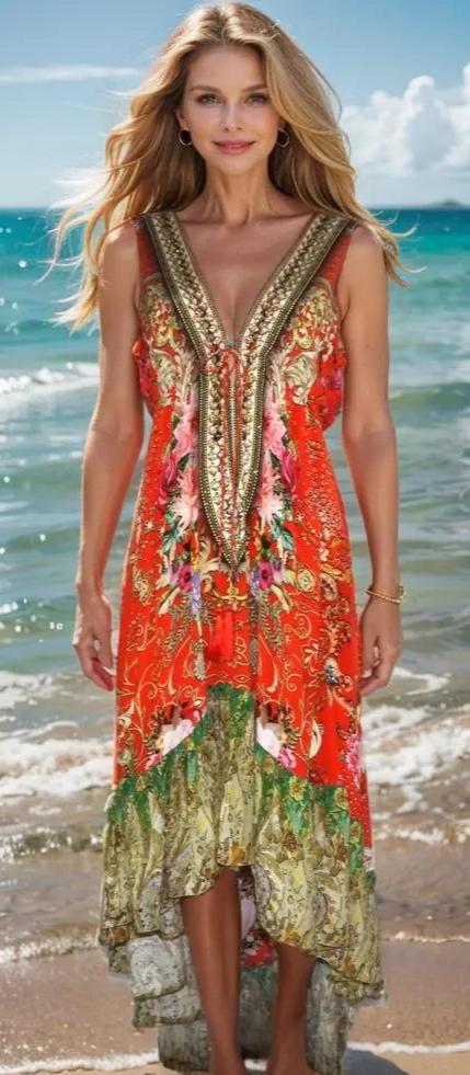 hi-lo frill dress Geisha Silk V-neck Hi-lo Frill Dress Kaftans that Bling  Kaftans that Bling