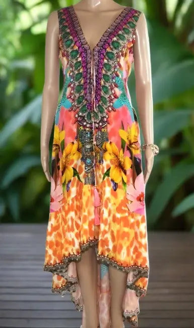 Hibiscus Silk Hi-Lo Frill Dress by Kaftans that Bling - Kaftans that Bling