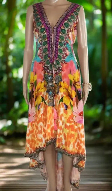 Hibiscus Silk Hi-Lo Frill Dress by Kaftans that Bling - Kaftans that Bling