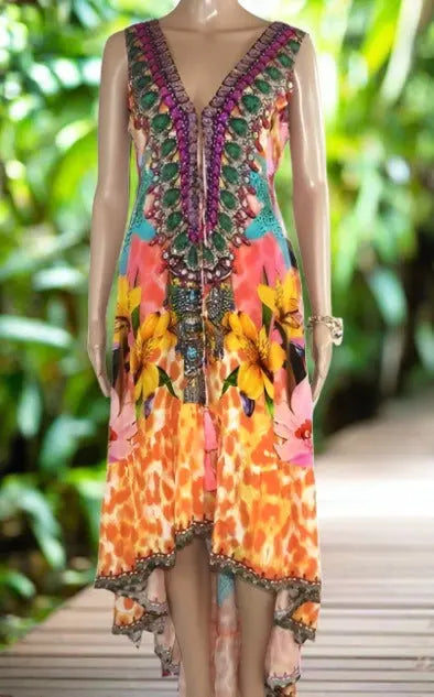 Hibiscus Silk Hi-Lo Frill Dress by Kaftans that Bling - Kaftans that Bling