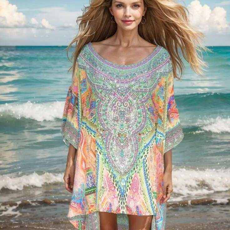 Woman wearing colorful silk embellished hi-low kaftan top standing by the ocean beach
