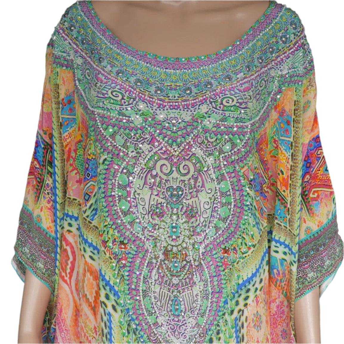 colorful silk embellished hi-low kaftan top with intricate beadwork and 3/4 sleeves