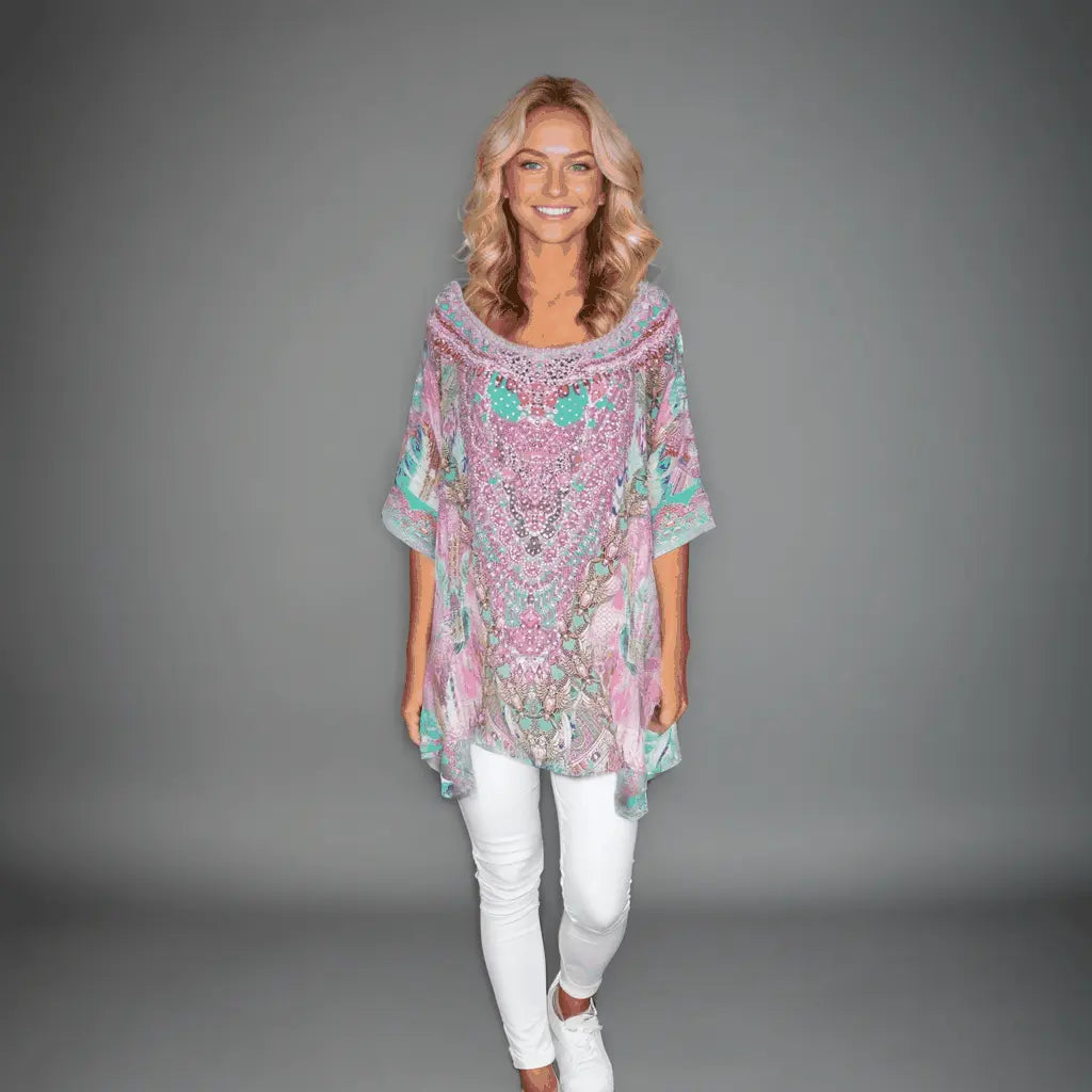 Zahara Silk Batwing Kaftan Top - Hand-Embellished Luxury