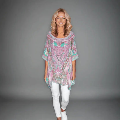 Zahara Silk Batwing Kaftan Top - Hand-Embellished Luxury