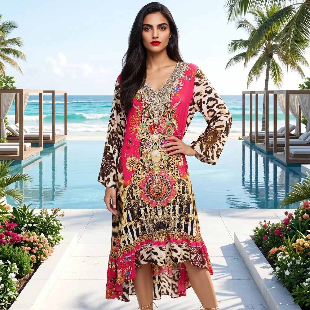 Silk Embellished Hi-Low Frill Dress Garden Delight