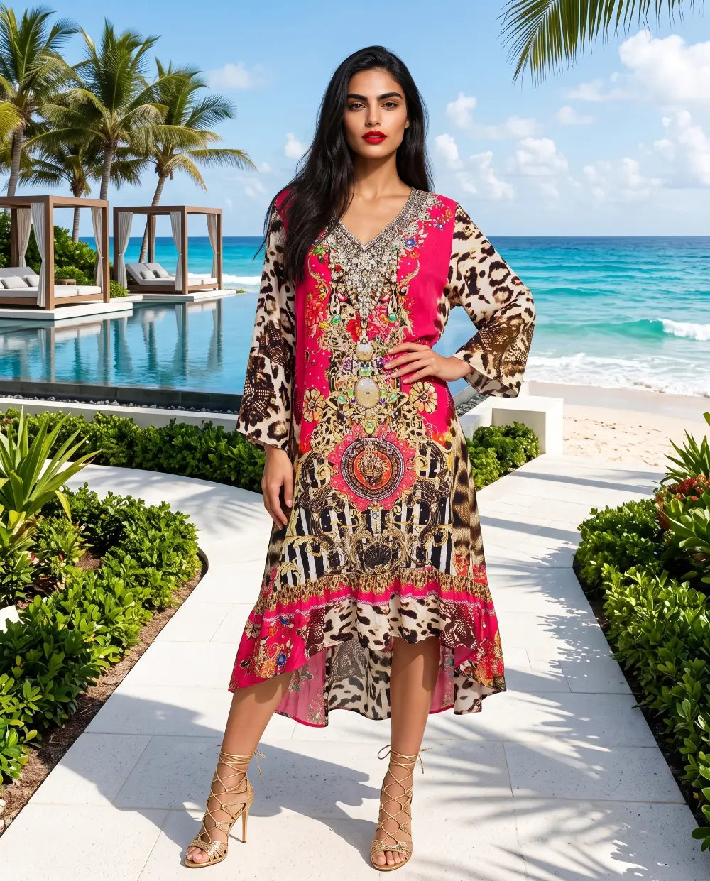 Silk Embellished Hi-Low Frill Dress Garden Delight
