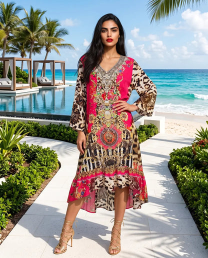 Silk Embellished Hi-Low Frill Dress Garden Delight