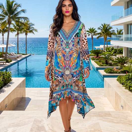 Silk Embellished Hi-Low Frill Dress Peacock