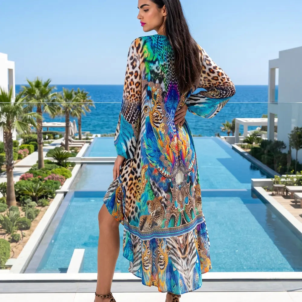 Silk Embellished Hi-Low Frill Dress Peacock