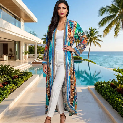 Long Silk Embellished Jacket Peacock