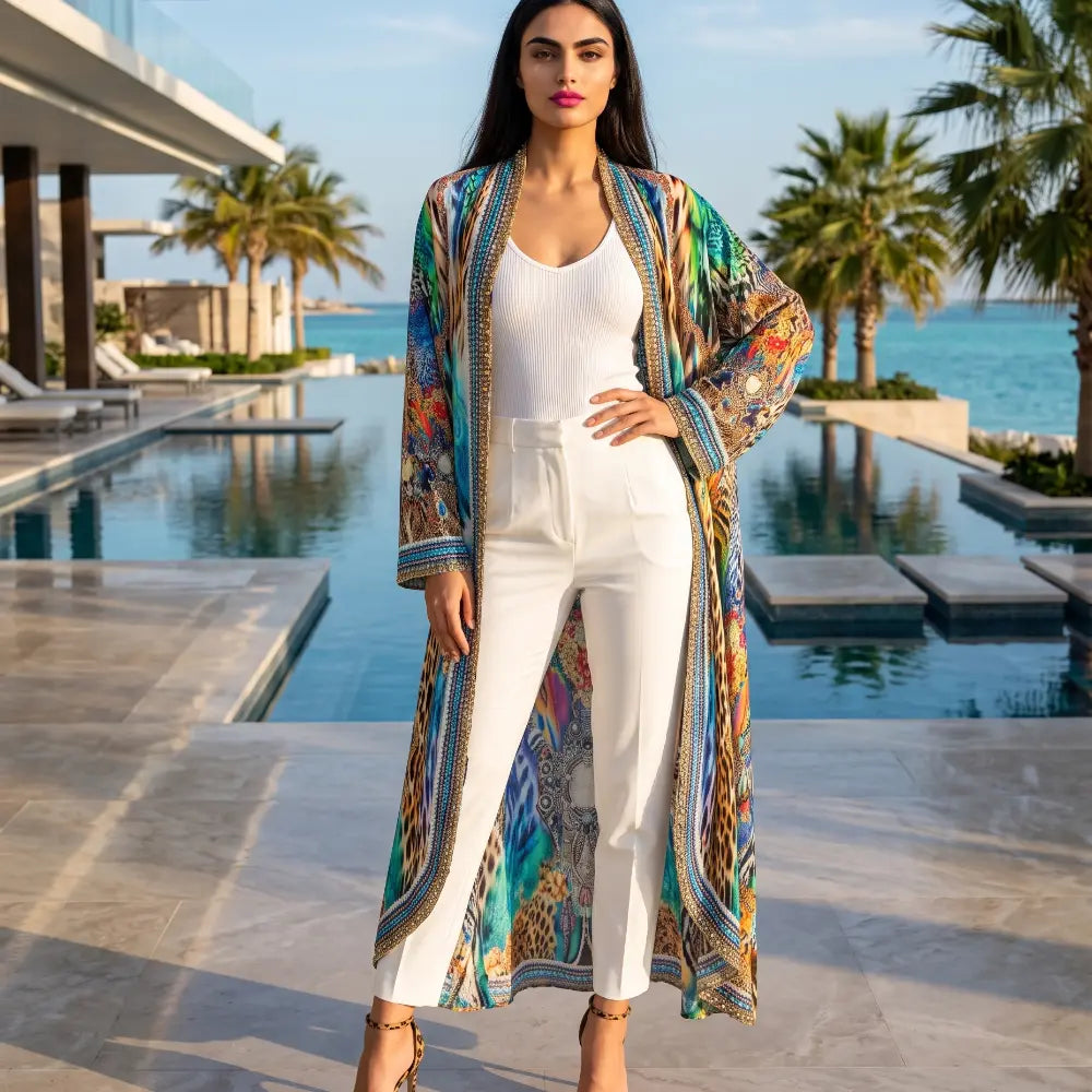 Long Silk Embellished Jacket Peacock