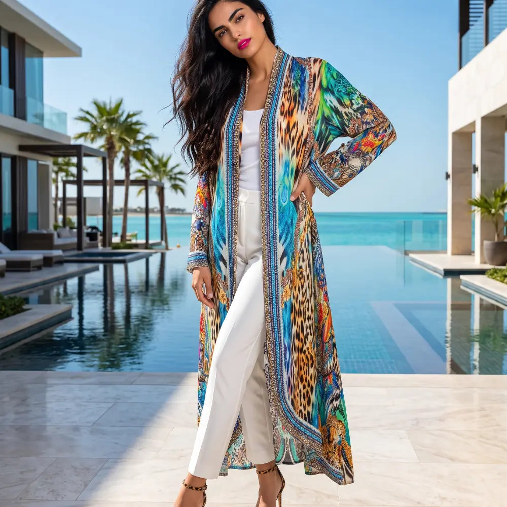 Long Silk Embellished Jacket Peacock