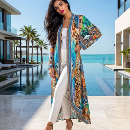 Long Silk Embellished Jacket Peacock