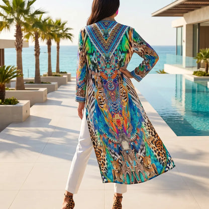 Long Silk Embellished Jacket Peacock