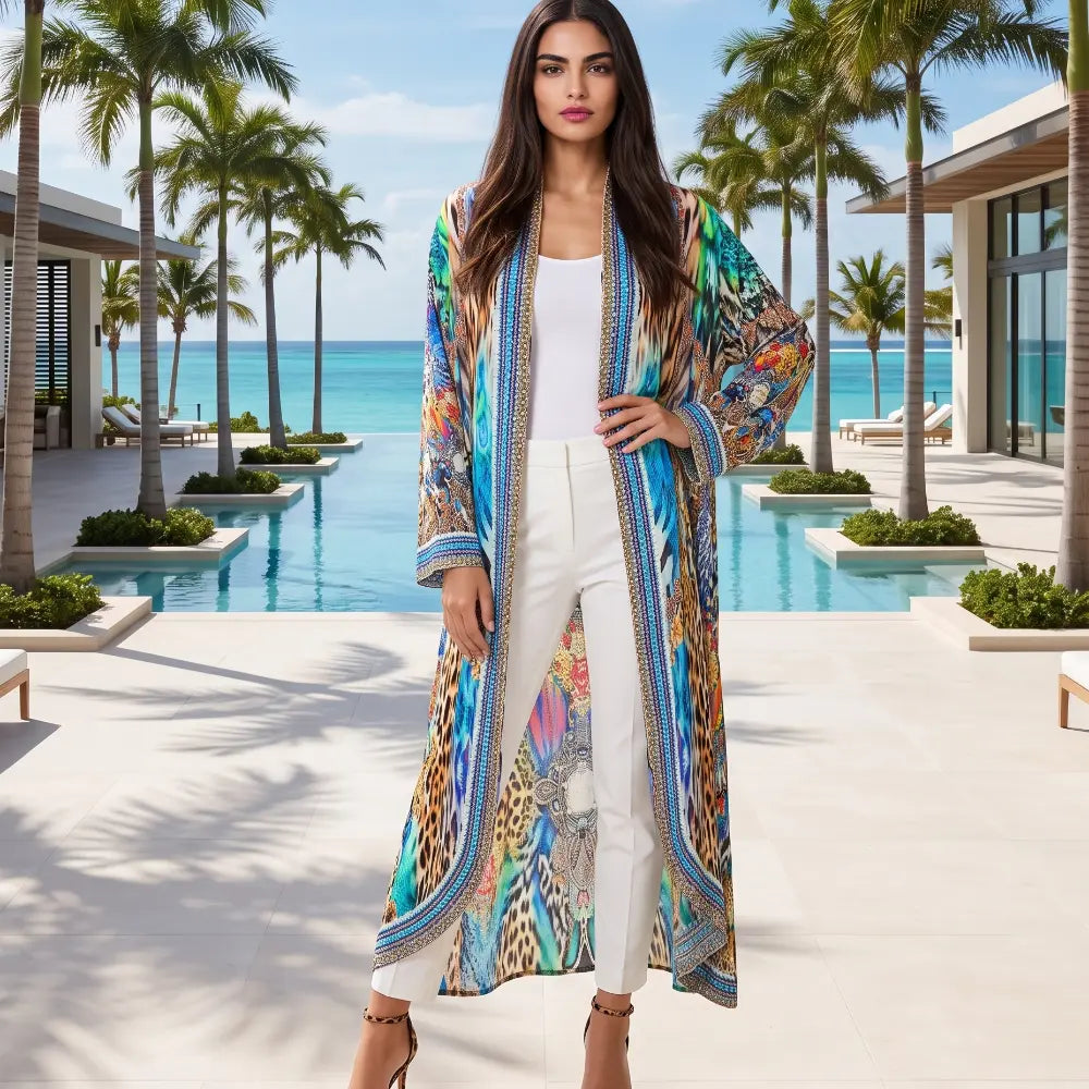 Long Silk Embellished Jacket Peacock