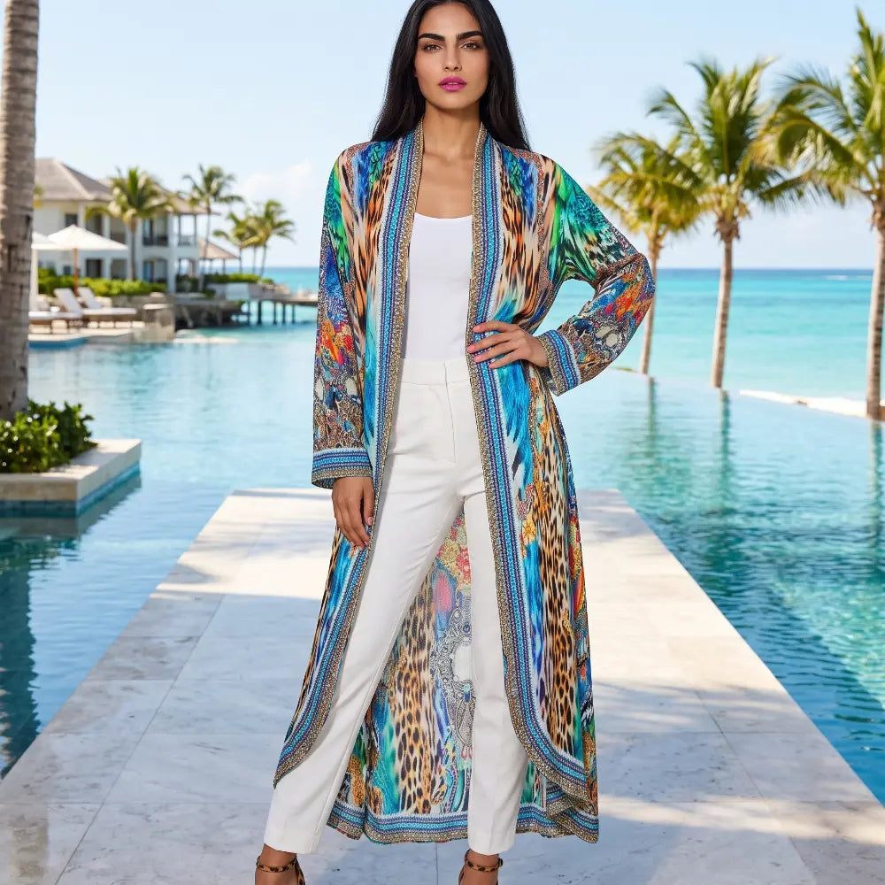 Long Silk Embellished Jacket Peacock