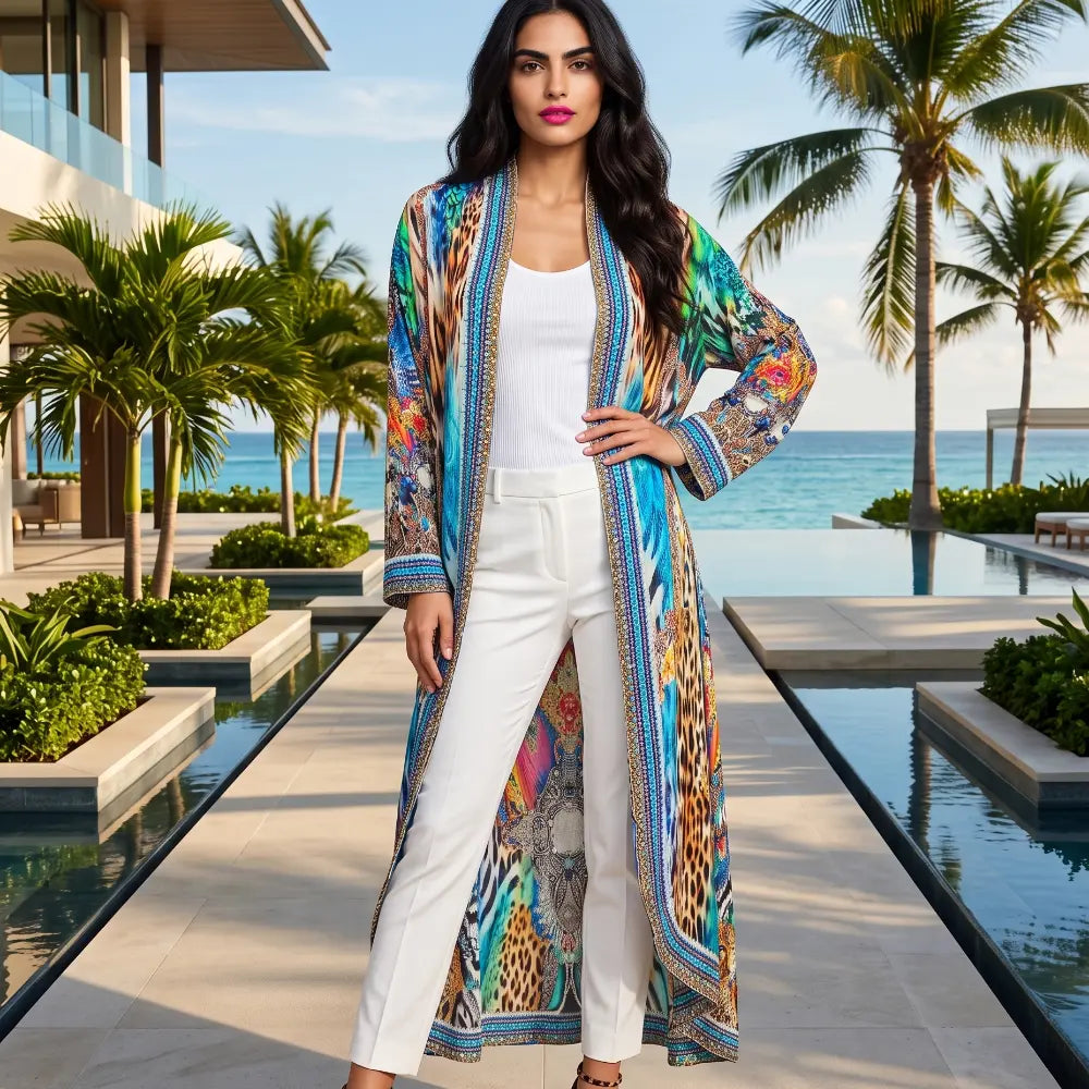 Long Silk Embellished Jacket Peacock