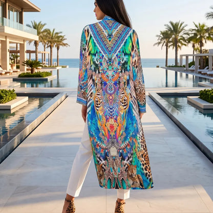 Long Silk Embellished Jacket Peacock