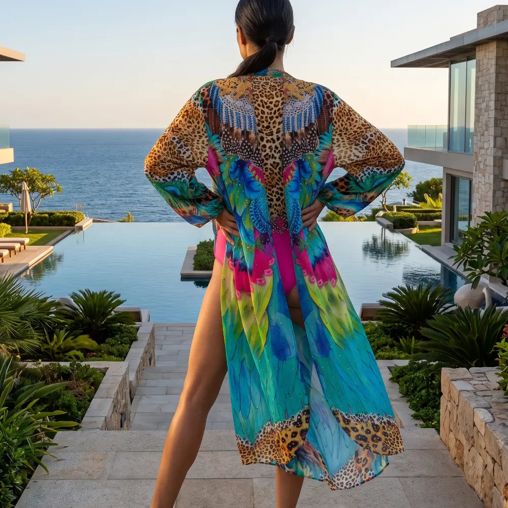 long Silk Embellished Kimono Robe Enchanted by Kaftans that Bling