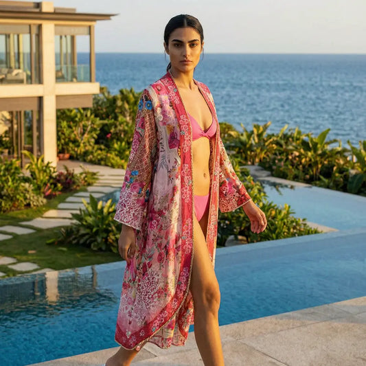 long Silk Embellished Kimono Robe Secret Garden by Kaftans that Bling