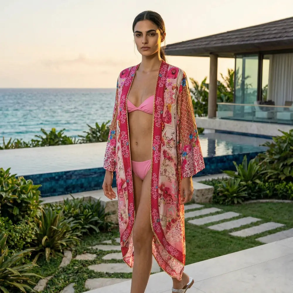 long Silk Embellished Kimono Robe Secret Garden by Kaftans that Bling