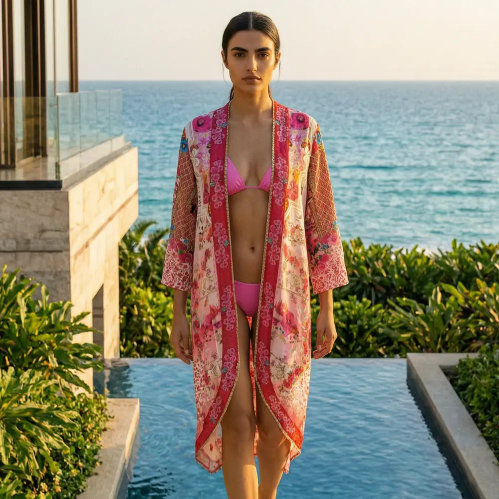 long Silk Embellished Kimono Robe Secret Garden by Kaftans that Bling