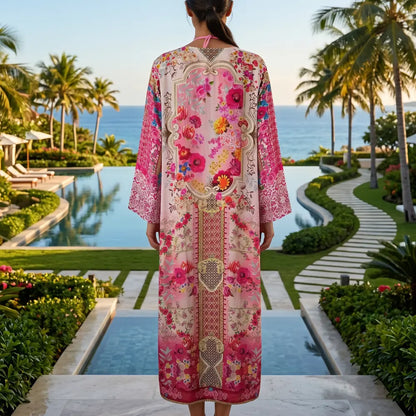 long Silk Embellished Kimono Robe Secret Garden by Kaftans that Bling