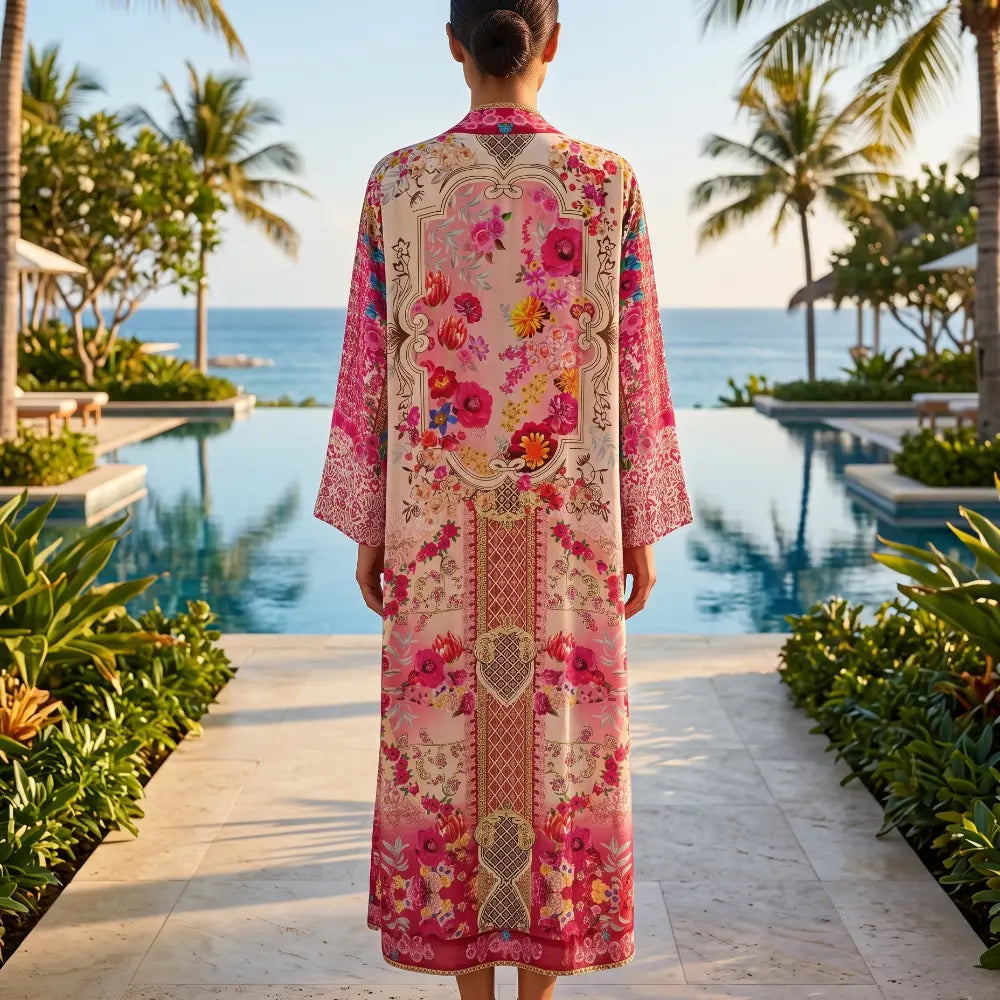 long Silk Embellished Kimono Robe Secret Garden by Kaftans that Bling