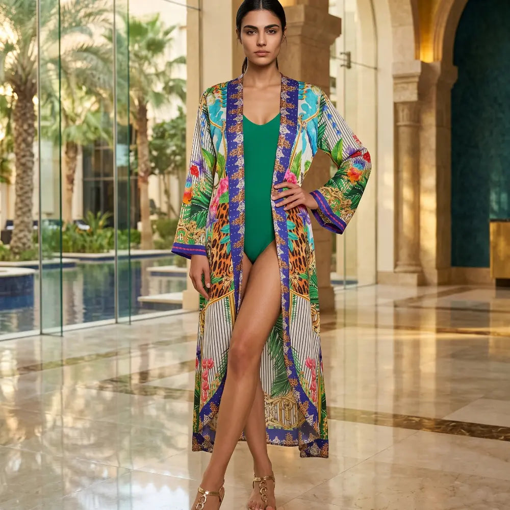 long Silk Embellished Kimono Robe Tropical by Kaftans that Bling
