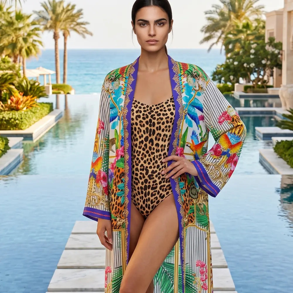 long Silk Embellished Kimono Robe Tropical by Kaftans that Bling