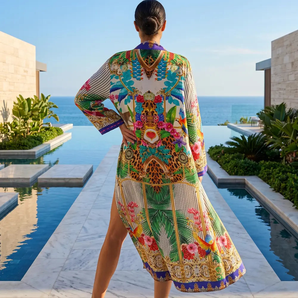 long Silk Embellished Kimono Robe Tropical by Kaftans that Bling