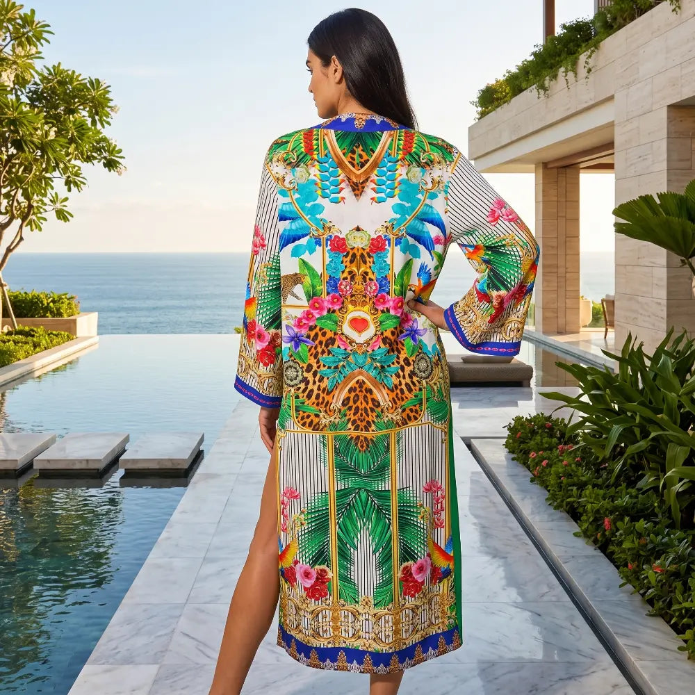 long Silk Embellished Kimono Robe Tropical by Kaftans that Bling