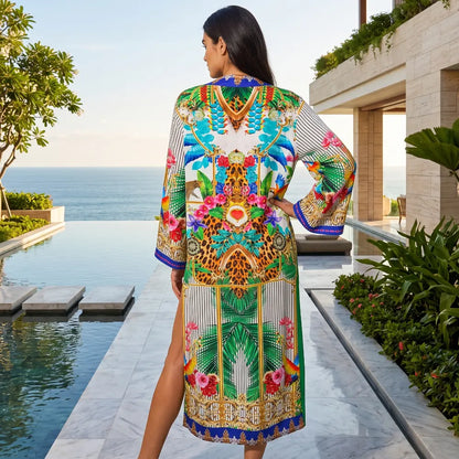long Silk Embellished Kimono Robe Tropical by Kaftans that Bling