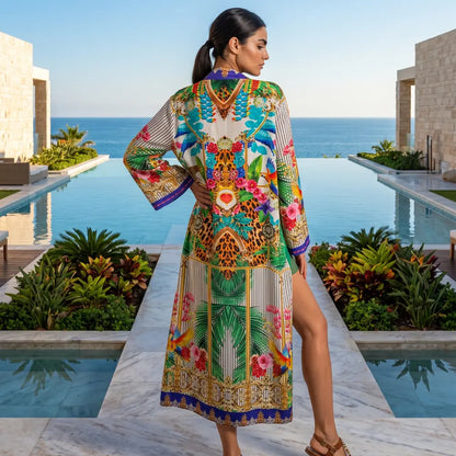 long Silk Embellished Kimono Robe Tropical by Kaftans that Bling