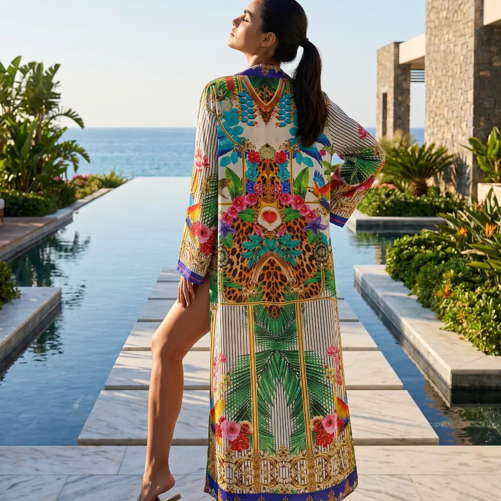 long Silk Embellished Kimono Robe Tropical by Kaftans that Bling