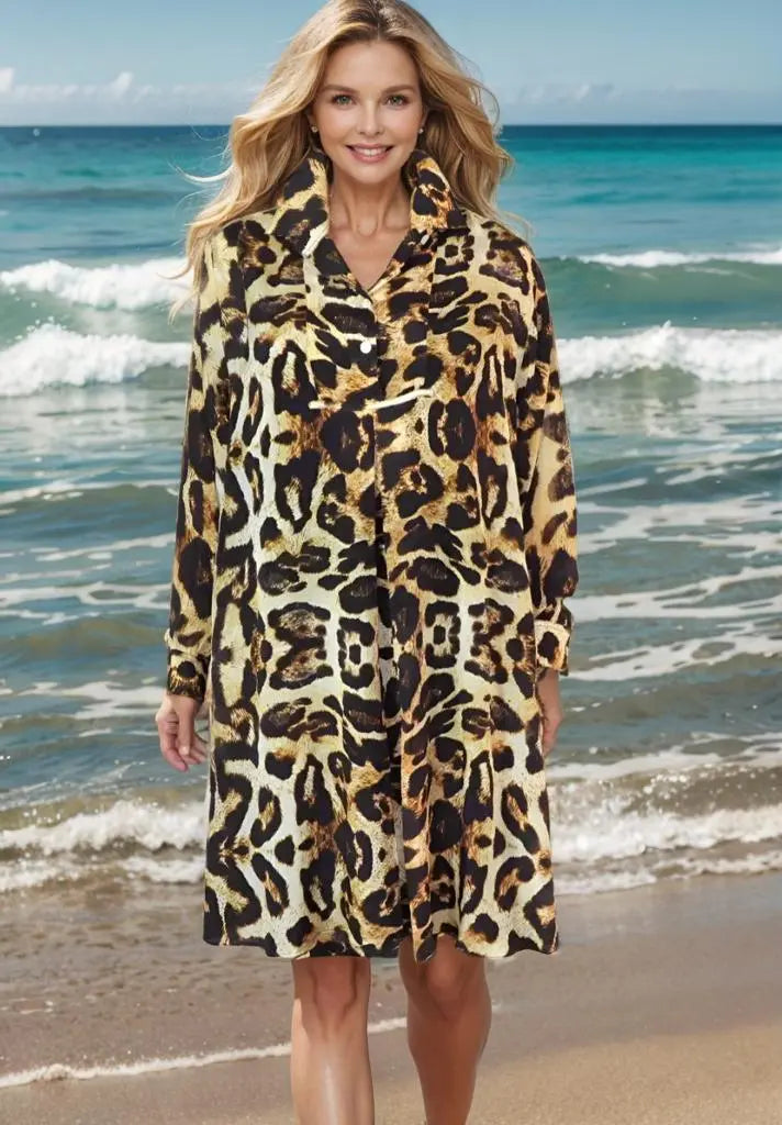 leopard swing shirt Leopard Silk Swing Shirt with Collar fashion spectrum  Kaftans that Bling