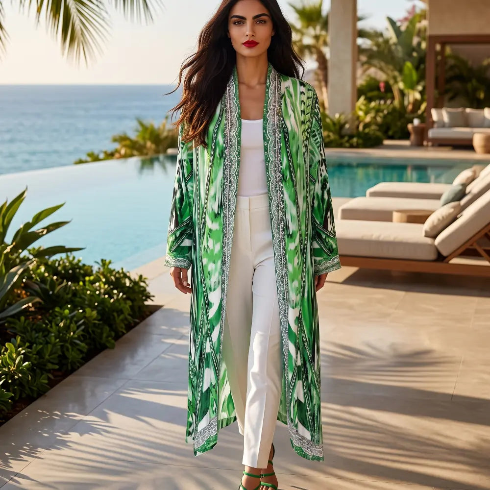 Saffron Green Long Silk Embellished Jacket