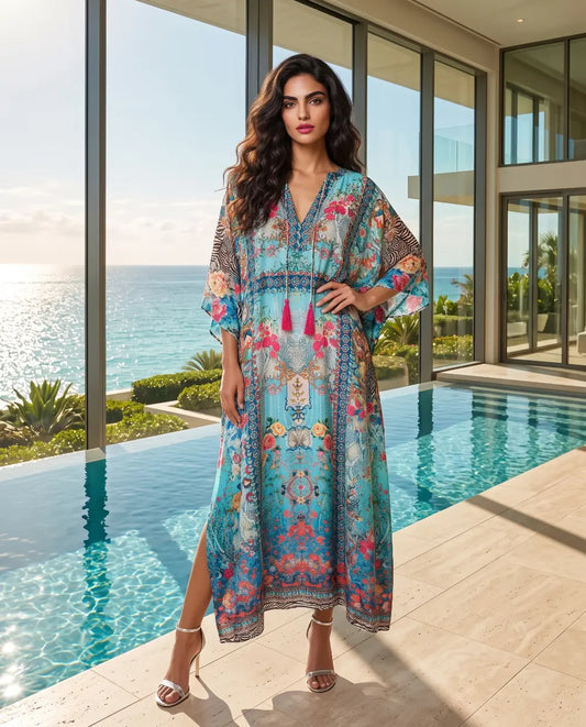 Long Embellished Box Kaftan Feather