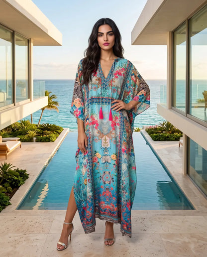 Long Embellished Box Kaftan Feather