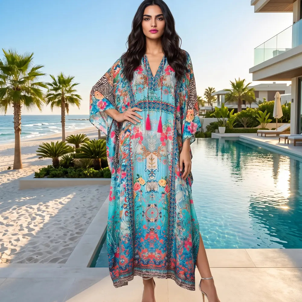 Long Embellished Box Kaftan Feather