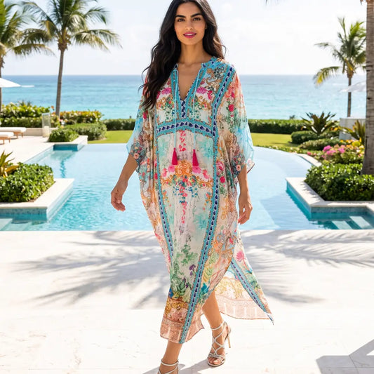 Long Embellished Box Kaftan Peacock Feather