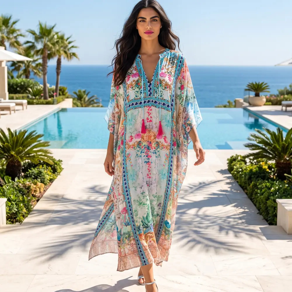 Long Embellished Box Kaftan Peacock Feather
