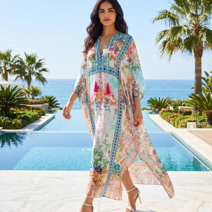 Long Embellished Box Kaftan Peacock Feather