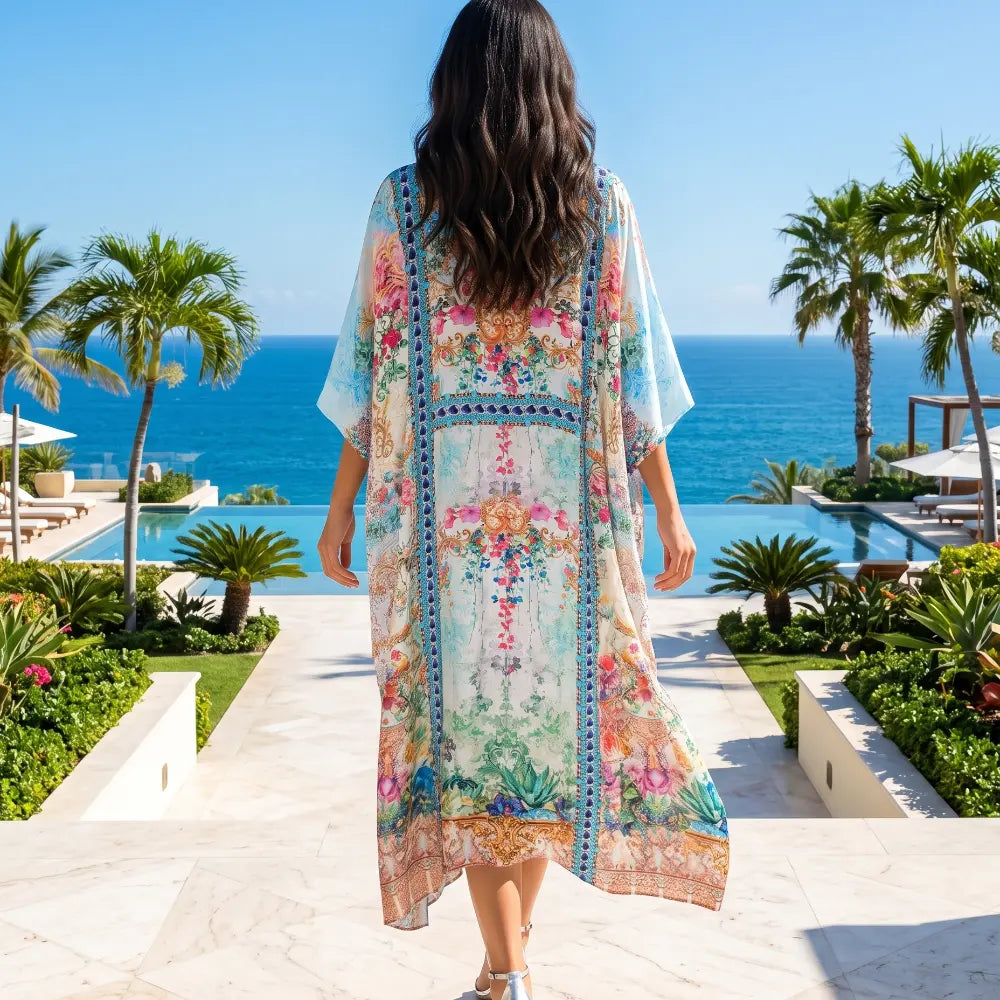 Long Embellished Box Kaftan Peacock Feather